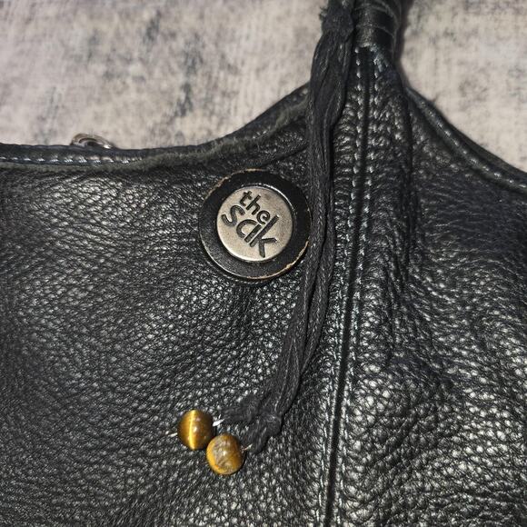 The Sak Tote Bag Womens Black Leather Zip Top Shoulder Purse Boho Beaded Accent - Picture 2 of 14